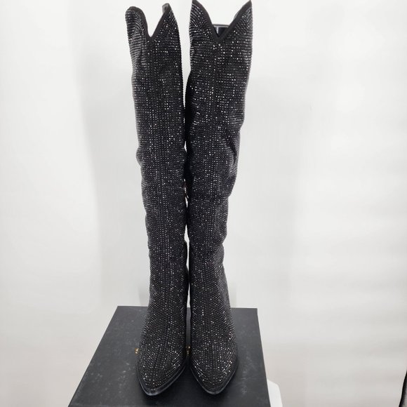 AZALEA WANG Nash Crystal Knee High Cowboy Boots Black NWT - Picture 5 of 13